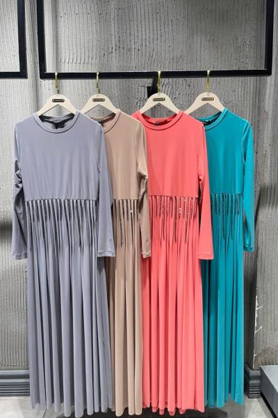 Ceremony Nervürlü Zincirli Sandy Elbise Camel