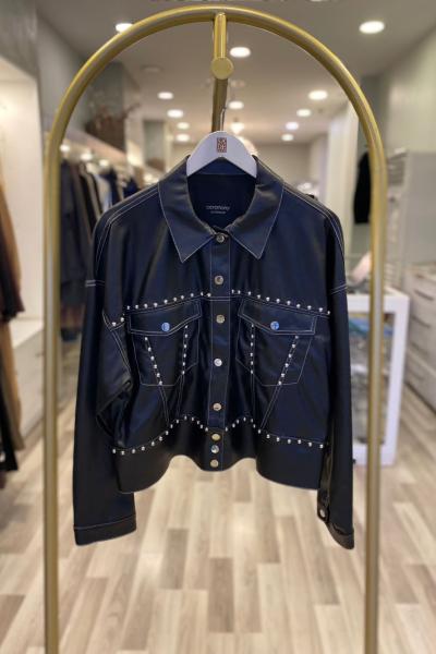 Ceremony Zımba Detaylı Kısa Deri Mont Siyah