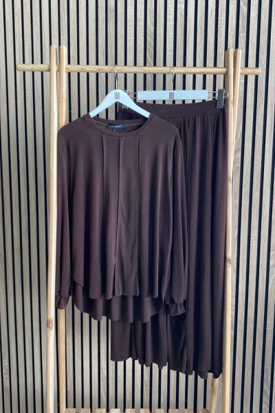 Ceremony Biye Dikişli Örme Krep Takım Kahverengi