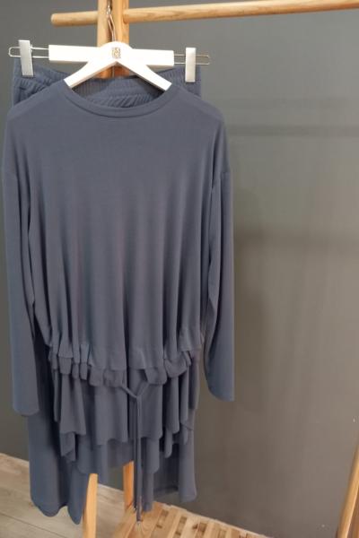 Ceremony Önden Bağlamalı Şifon Garnili Örme Krep Pantalon Takım Gri