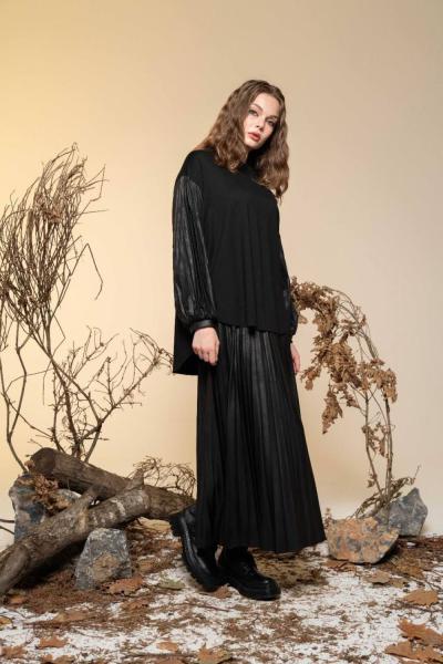 Ceremony Kolu Pliseli Bluz Plisoley Kırak Deri Etekli Takım Siyah