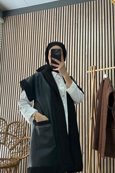 Otto Cep Taş Detaylı Deri Yelek Siyah