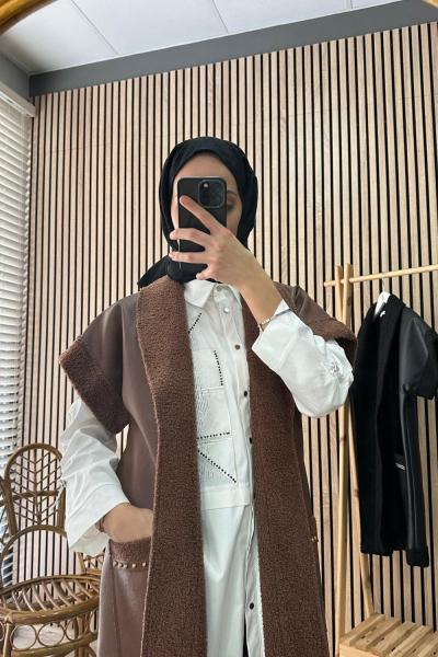 Otto Cep Taş Detaylı Deri Yelek Kahverengi