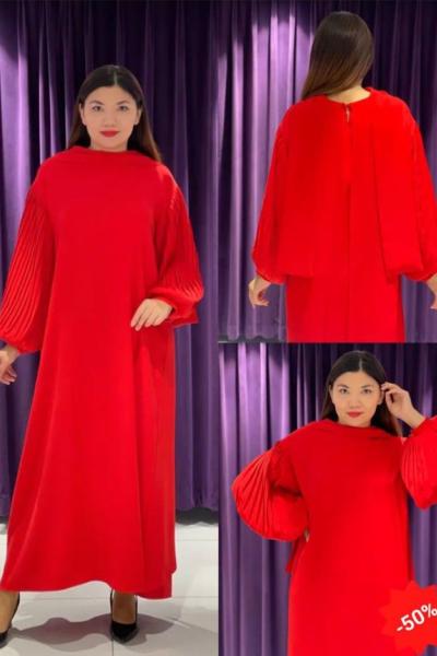 Ceremony Kolları Dik Plise Lamarca Elbise  Kırmızı