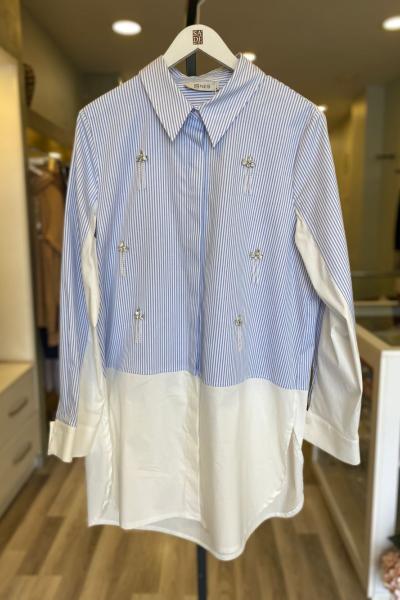 Nes Çizgili Taşlı Gömlek Mavi