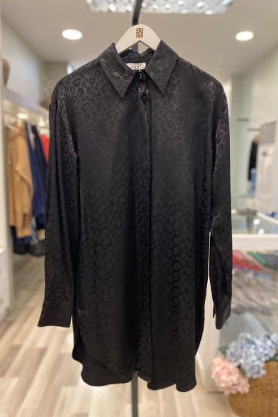 Nes Leopar Desen Saten Gömlek Siyah