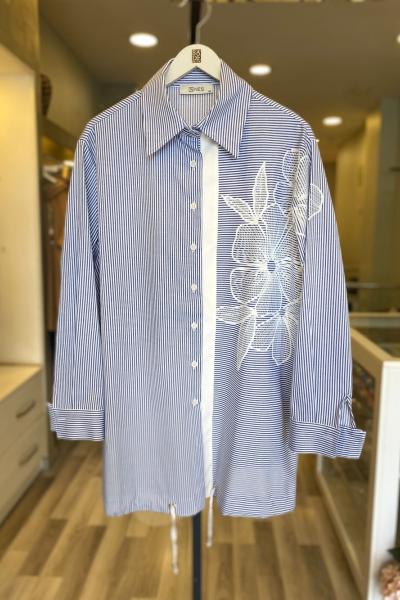 Nes Çizgili Çiçek Baskı Etek Ucu Bağlamalı Gömlek Lacivert