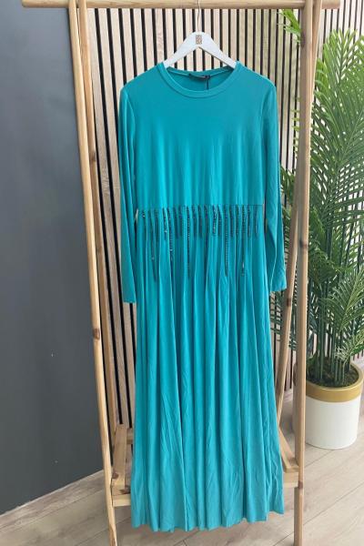 Ceremony Nervürlü Zincirli Sandy Elbise Turkuaz