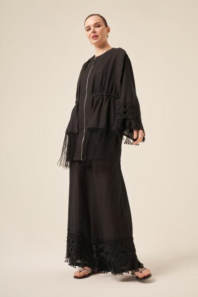 Ceremony Dantel ve Püskül Detaylı Cupra  Memory Pantolonlu Takım Siyah