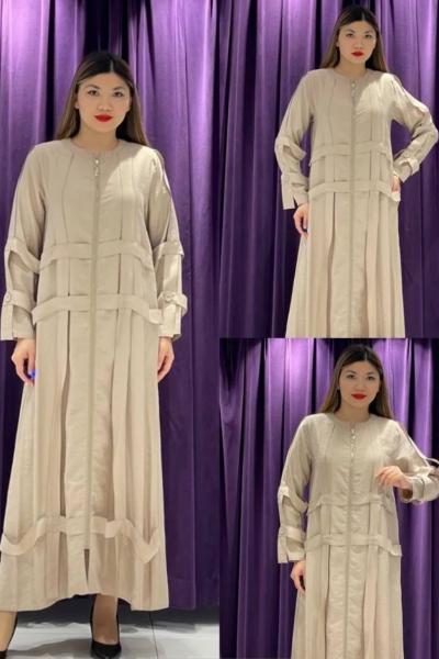 Ceremony Kolu ve Ön Bedeni Kafes Detaylı Fermuarlı Pasion Ferace Bej