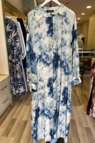 Ceremony Önden Düğmeli Belden Kuşaklı Sulu Boya Baskılı Elbise Lacivert