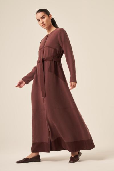 Ceremony Önden Sarı Metal Düğmeli Dubai Detay Kolsuz Pasion Elbise Acı Kahve