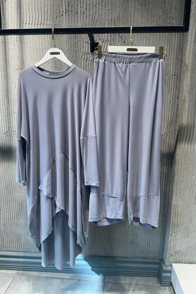 Ceremony Tuniğin Önü Üçgen Şifon Şalvarlı Sandy Pantolon Takım Gri