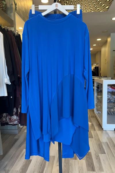 Ceremony Önü Yarım Ay Şifon Bol Paça Sandy Pantolon Takım  Saks Mavisi