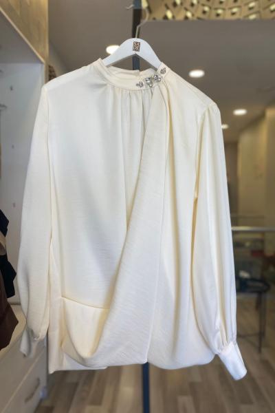 Ceremony Samar Yakası Taş İşleme Önü Anvelop Görünümlü Bluz Ekru