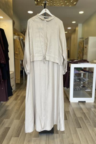 Ceremony İç Elbisesi Önden Baskı Düğmeli Kısa Ceketli Elbise Takım Taş Rengi