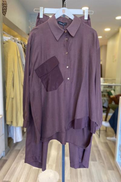 Ceremony Yarım Pat Detaylı Cebi Dubai Garnili Tunik Kızıl Kahve