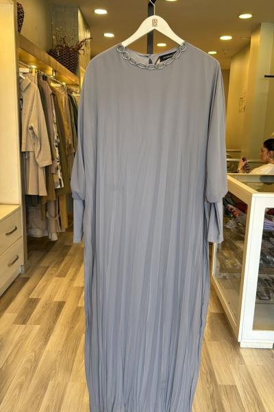 Ceremony Kolu Sandy Detaylı Kraşlı Şifon Elbise Gri