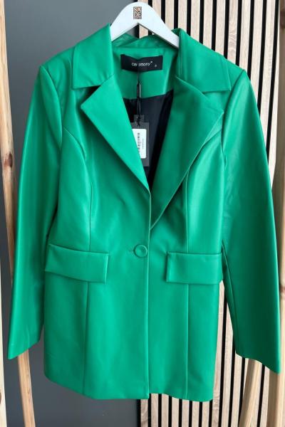 Ceremony Tek Düğmeli Deri Ceket Yeşil