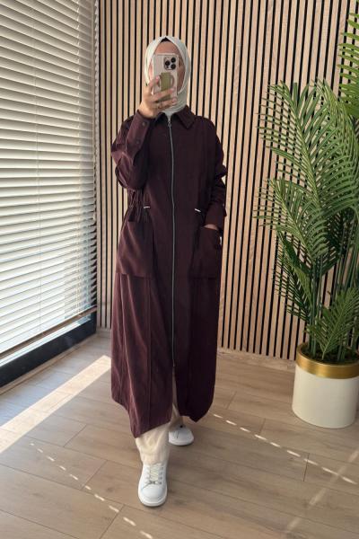 Ceremony Önden Fermuarlı Belden Büzgülü Torba Cepli Dubai Ceket Kahverengi