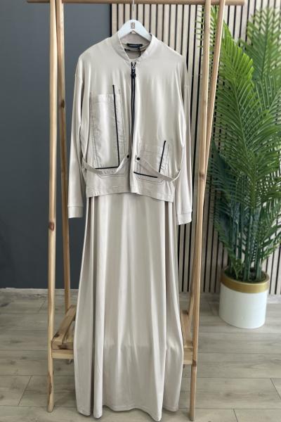 Ceremony Makrome İp Detaylı Bomber Elbiseli Takım Taş Rengi