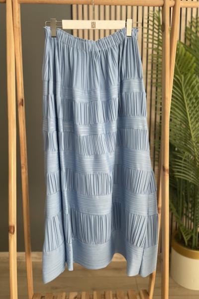 Ceremony Enine ve Boyuna Pilise Etek Mavi