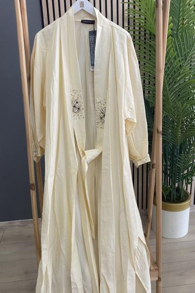 Ceremony Patı Taş İşlemeli Tencel Kaftan  Krem