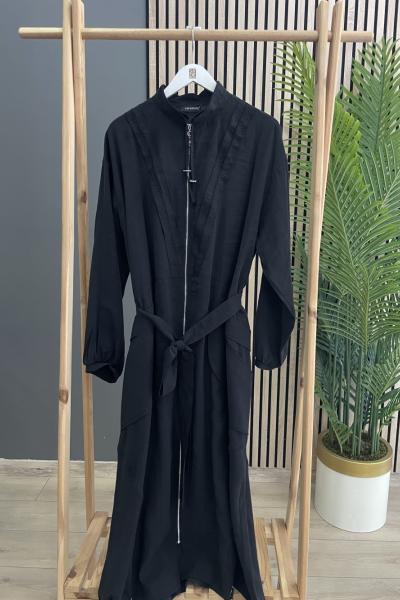 Ceremony Etek Ucu Yakası Stoperli Belden Kuşaklı Cupra Kap Siyah