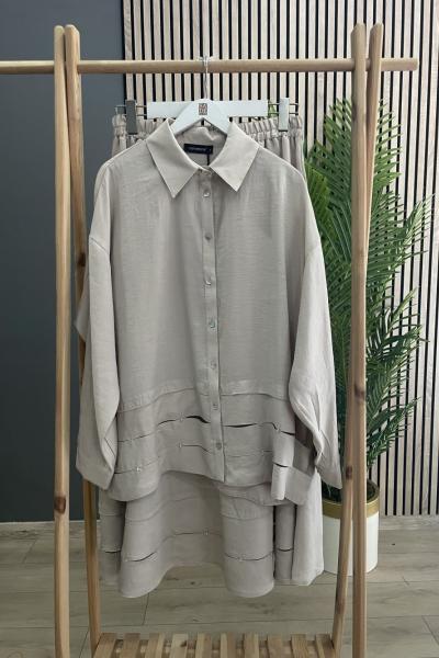 Ceremony Tuniği Ve Eteği Boncuk Detaylı Sedef Düğmeli Cupra Etekli Takım Bej