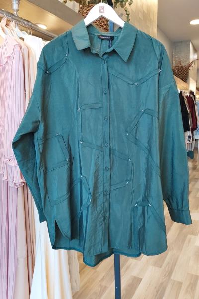 Ceremony Düğmeli Uzun Kollu Dekoratif Dikişli Gömlek Zümrüt