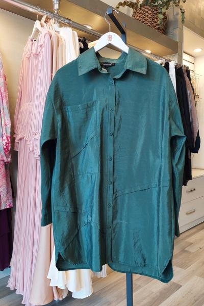 Ceremony Önden Düğmeli Uzun Cep Detaylı Tunik Yeşil