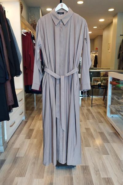 Ceremony 2026 KIŞ Kolu Taş Detay Önden Düğmeli Belden Kuşaklı Gömlek Elbise Vizon