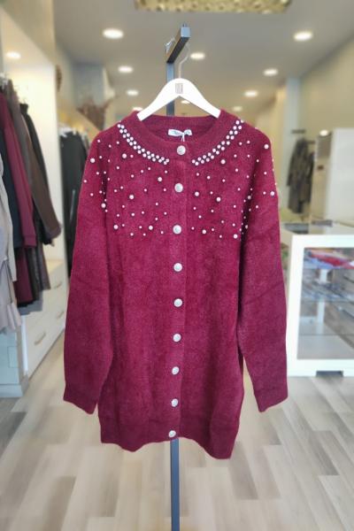 Magazin Angora Taş Ve İnci İşlemeli Hırka Bordo