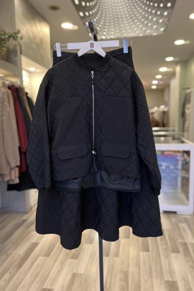 Ceremony 2026 KIŞ Önü Fermuarlı Ceket Ve Etekli Baklava Kapiton Takım Siyah