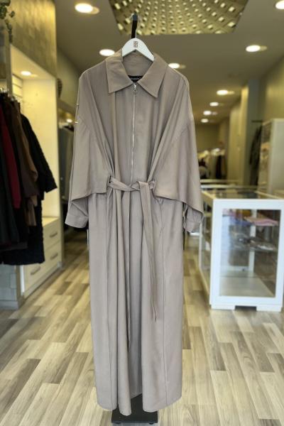 Ceremony 2026 KIŞ Önden Fermuarlı Tek Kolu Taş Detay İçten Kemerli Kap Vizon