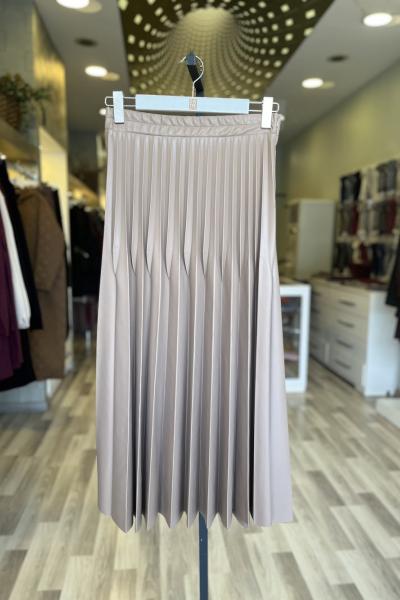 Ceremony 2026 KIŞ Çift Plisoley Deri Etek Camel