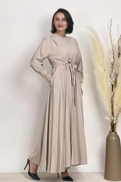 Ceremony 2026 KIŞ Anjelik Önden Yarım Düğmeli Elbise Taş Rengi