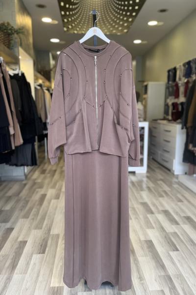 Ceremony 2026 KIŞ Oval Kesikli Taş İşlemeli Bolerolu Adel Takım Kahverengi