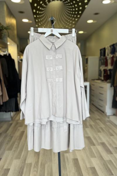 Ceremony 2026 KIŞ Anjelik Patı Deri Detaylı Eteği Deri Bantlı Takım Taş Rengi