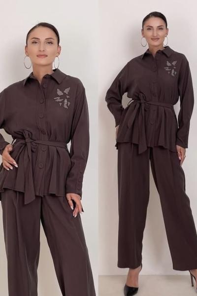 Ceremony 2026 KIŞ Beli Kuşaklı İşlemeli Oversize Gömlek Kahverengi