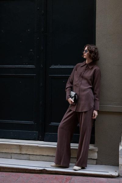 Hilay Soley Büyük Cepli Düğmeli Pantolonlu Takım Kahverengi