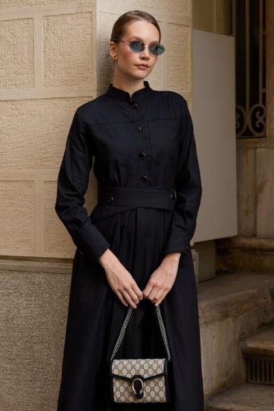 Hilay New Dore Kendinden Kemerli Elbise Siyah