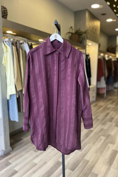 Hilay Soho Özel Taş Aksesuarlı Çizgili Gömlek Mürdüm