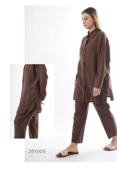 Ceremony 2026 Yaz Önü Çıt Çıtlı Aller Detaylı Keten Pantolonlu Takım Kahverengi
