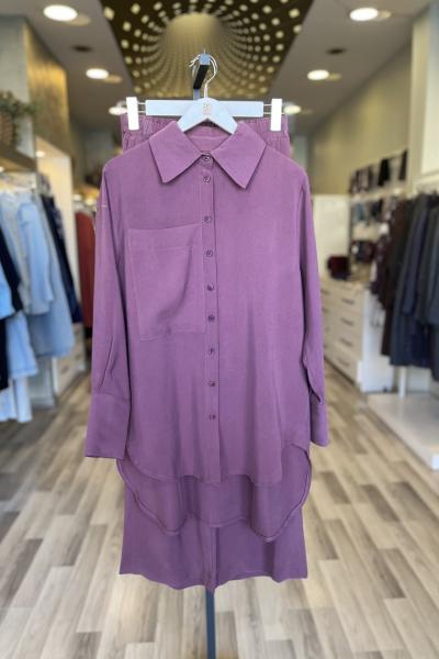 Hilay Soley Büyük Cepli Düğmeli Pantolonlu Takım Gül Kurusu