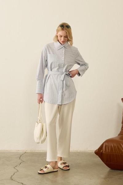 Hilay Linens Seyyar Kuşaklı Çizgili Pamuk Gömlek Mavi