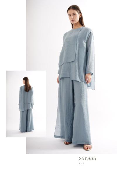 Ceremony 2026 Yaz Bluzunun Önü Parçalı Bol Paça Pantolonlu Nil Takım Mavi