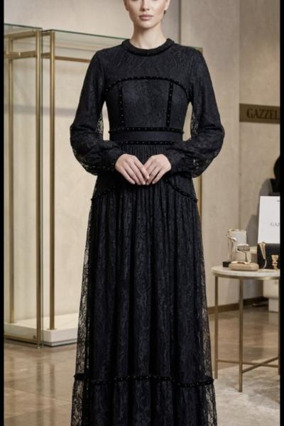 GAZZELLA İnci Dantel Elbise Siyah