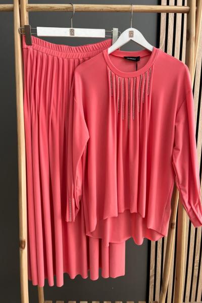 Ceremony Nervürlü Zincirli Sandy Etekli Takım Nar Çiçeği