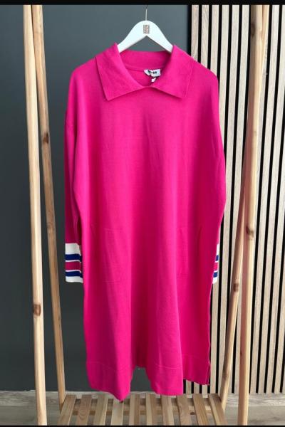 Şirin Yakalı Cepli Tam Boy Tunik Fuşya